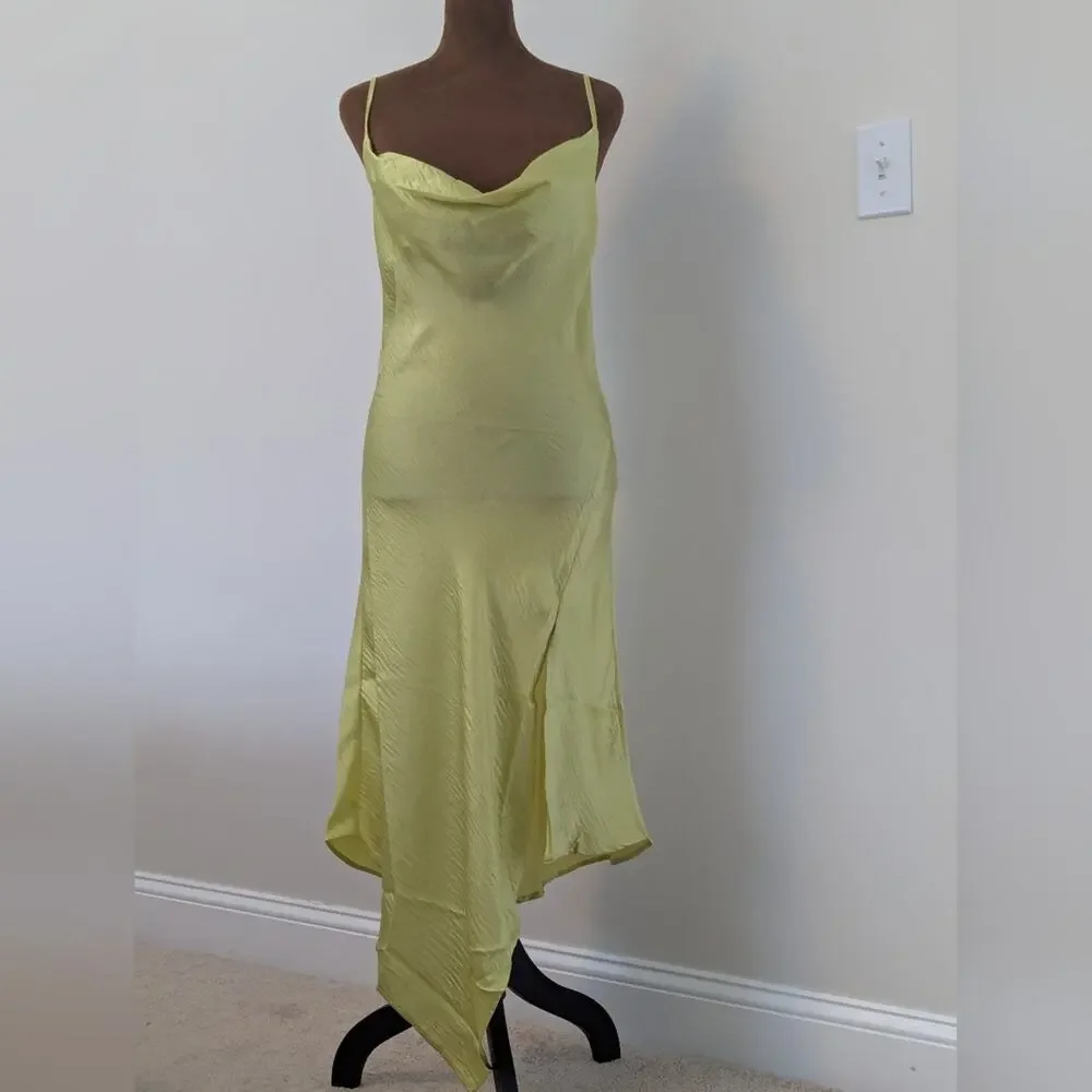 NWT Steve Madden Luxe Satin Asymmetric Hem Drapey Green Yellow Slip Dress, Sz XS - Picture 2 of 7
